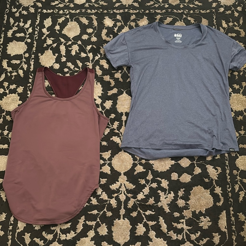 Two activewear shirts. Royal brand XS (fits like a small). REI brand small.